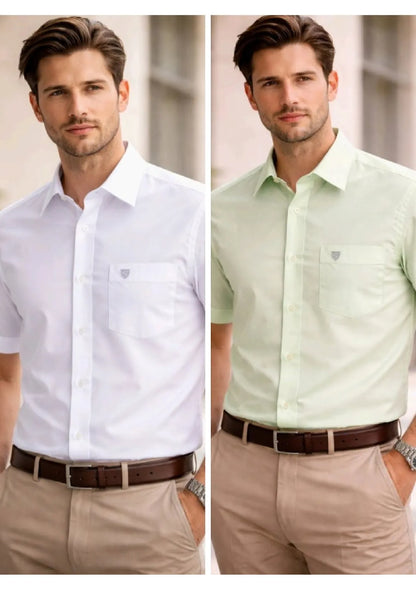 Men’s Solid Cotton Satin Half Sleeve Shirts Combo Pack of 2 – Casual & Office Wear White & Pista Green (Single Pocket)