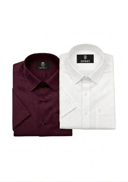 Men’s Solid Cotton Satin Half Sleeve Shirts Combo Pack of 2 – Casual & Office Wear White & Wine (Single Pocket)