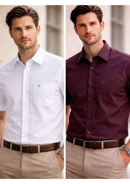 Men’s Solid Cotton Satin Half Sleeve Shirts Combo Pack of 2 – Casual & Office Wear White & Wine (Single Pocket)