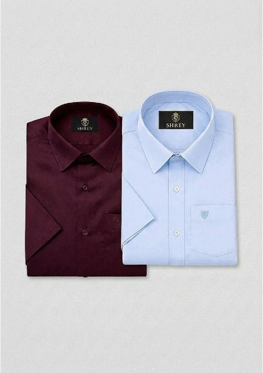 Men’s Solid Cotton Satin Half Sleeve Shirts Combo Pack of 2 – Casual & Office Wear Wine & Sky Blue (Single Pocket)