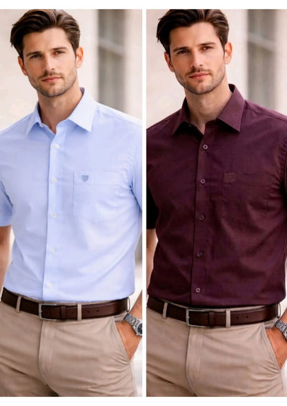 Men’s Solid Cotton Satin Half Sleeve Shirts Combo Pack of 2 – Casual & Office Wear Wine & Sky Blue (Single Pocket)