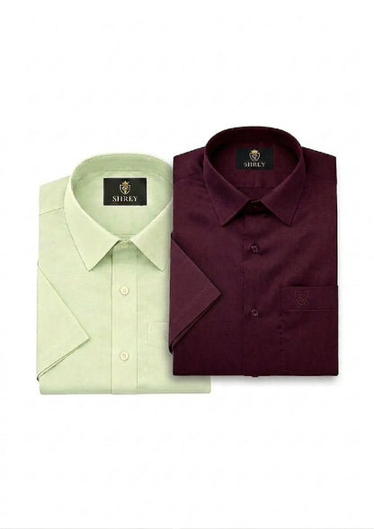 Men’s Solid Cotton Satin Half Sleeve Shirts Combo Pack of 2 – Casual & Office Wear Wine & Pista Green (Single Pocket)