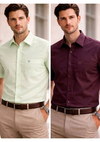 Men’s Solid Cotton Satin Half Sleeve Shirts Combo Pack of 2 – Casual & Office Wear Wine & Pista Green (Single Pocket)