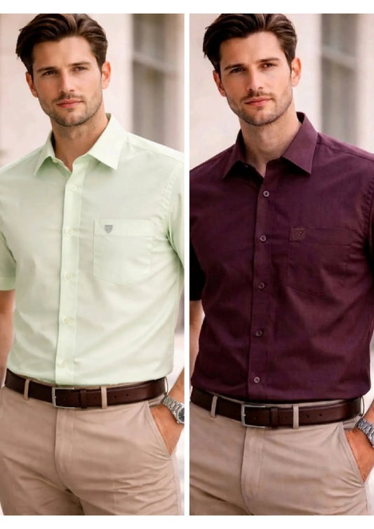 Men’s Solid Cotton Satin Half Sleeve Shirts Combo Pack of 2 – Casual & Office Wear Wine & Pista Green (Single Pocket)