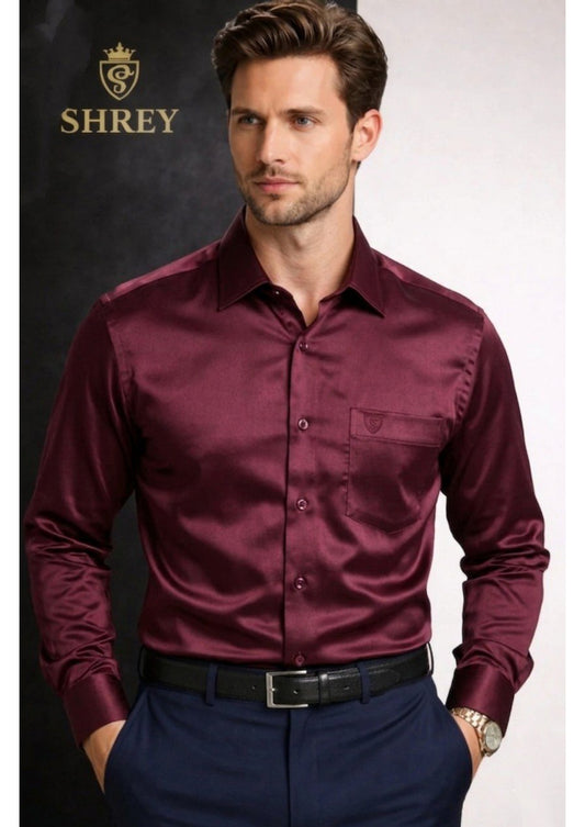 PREMIUM COTTON SATIN FORMAL SHIRT FOR MEN (Single Pocket)-WINE