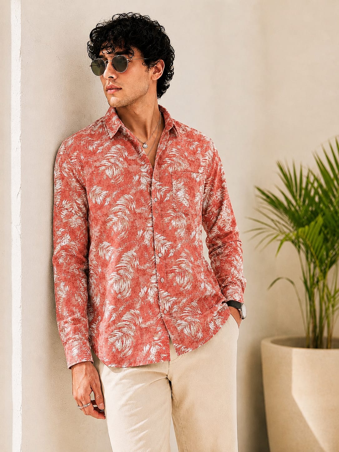 MEN'S PREMIUM CASUAL FLORAL PRINT FULL SLEEVE SHIRT | PEACH