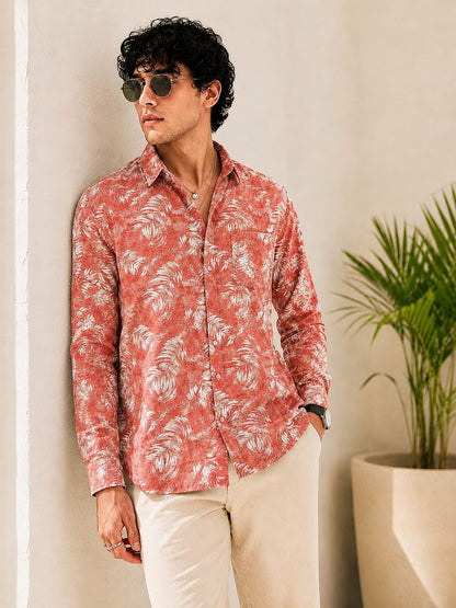 MEN'S PREMIUM CASUAL FLORAL PRINT FULL SLEEVE SHIRT | PEACH