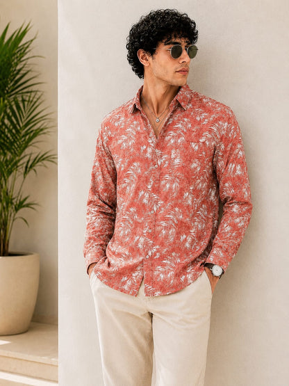 MEN'S PREMIUM CASUAL FLORAL PRINT FULL SLEEVE SHIRT | PEACH
