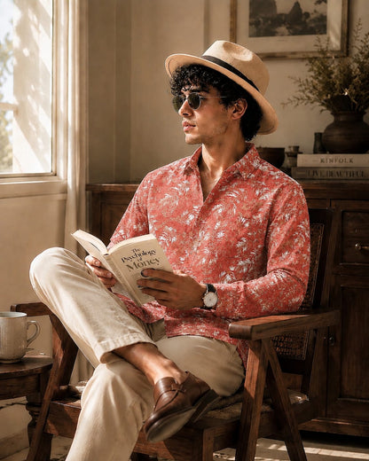 MEN'S PREMIUM CASUAL FLORAL PRINT FULL SLEEVE SHIRT | PEACH