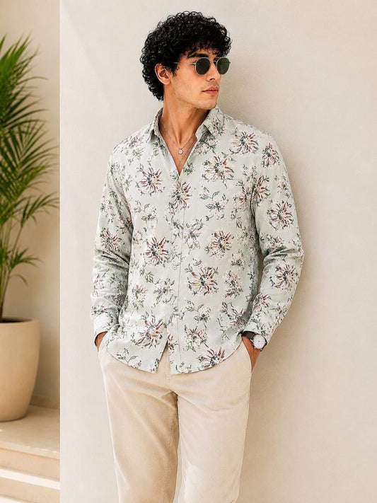 MEN'S PREMIUM CASUAL FLORAL PRINT FULL SLEEVE SHIRT | OFF WHITE