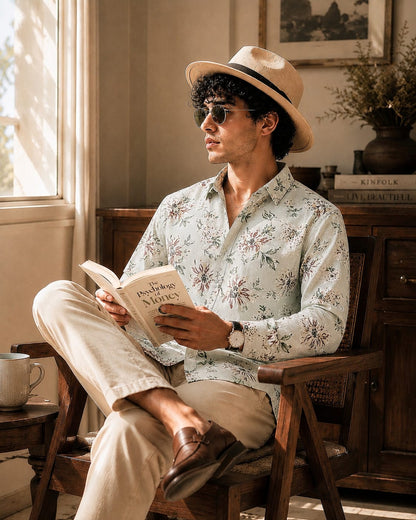 MEN'S PREMIUM CASUAL FLORAL PRINT FULL SLEEVE SHIRT | OFF WHITE