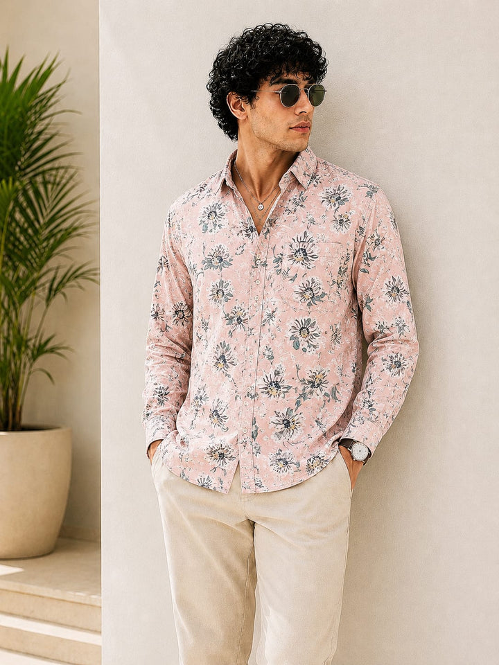 MEN'S PREMIUM CASUAL FLORAL PRINT FULL SLEEVE SHIRT | LIGHT PINK