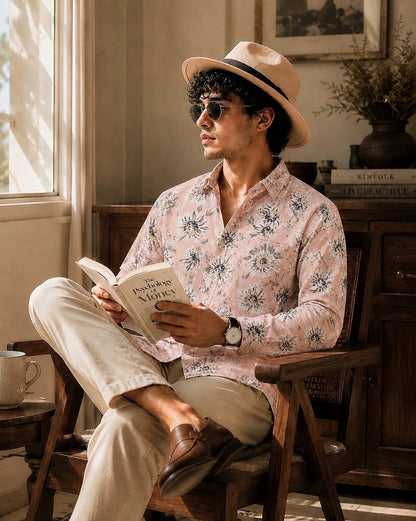 MEN'S PREMIUM CASUAL FLORAL PRINT FULL SLEEVE SHIRT | LIGHT PINK
