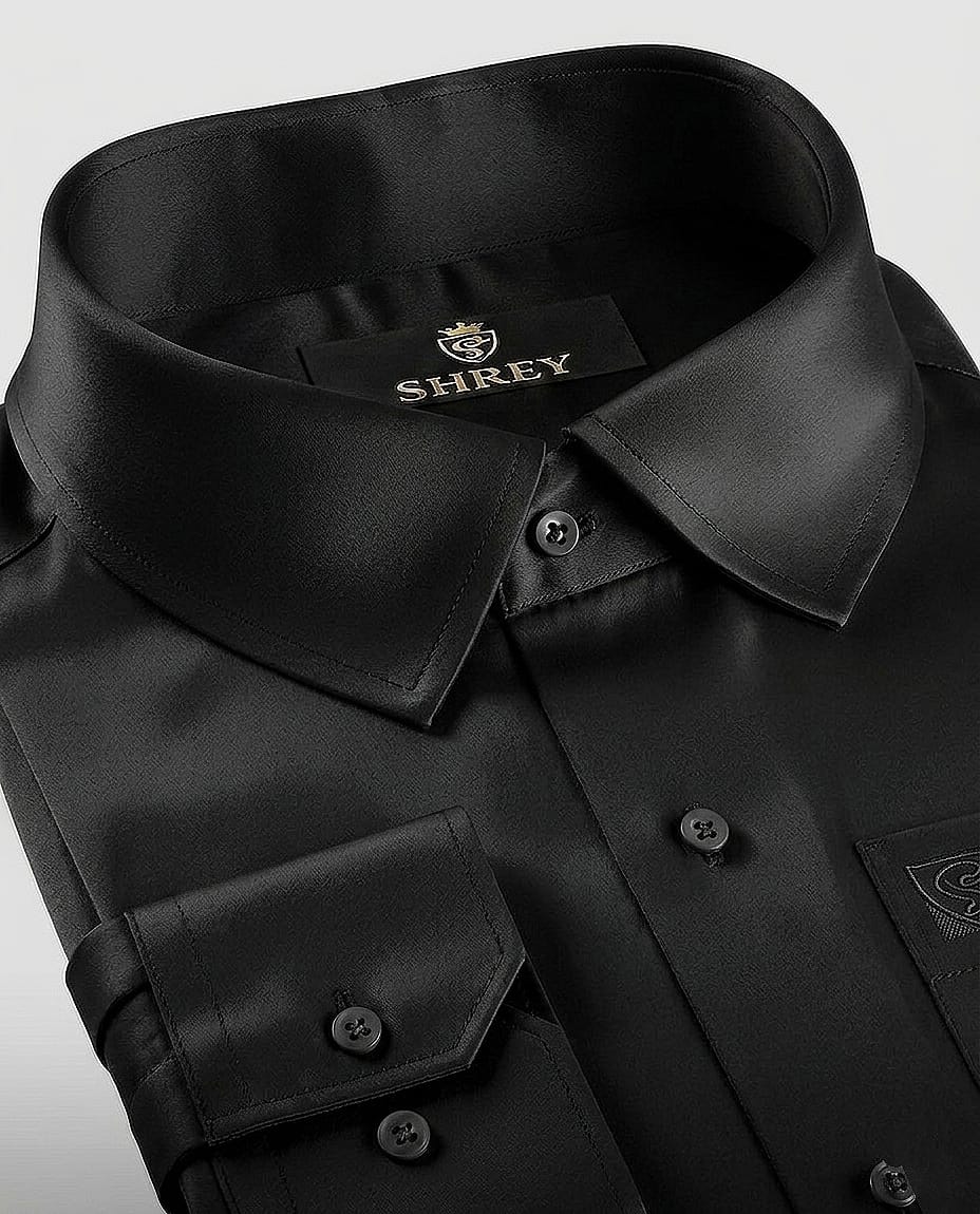 PREMIUM COTTON SATIN FORMAL SHIRT FOR MEN (Single Pocket)-BLACK