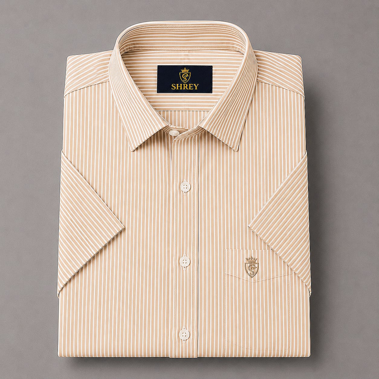MEN'S PREMIUM OXFORD COTTON STRIPED HALF SLEEVE SHIRT - BEIGE