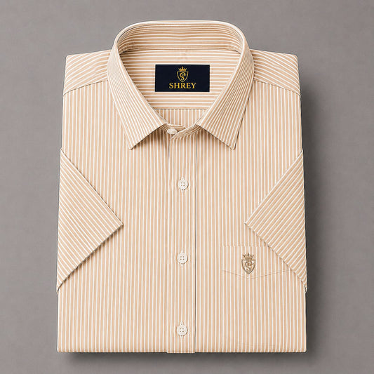 MEN'S PREMIUM OXFORD COTTON STRIPED HALF SLEEVE SHIRT - BEIGE