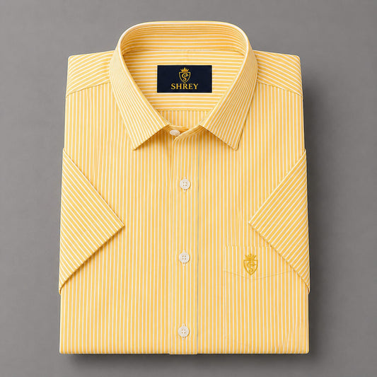 MEN'S PREMIUM OXFORD COTTON STRIPED HALF SLEEVE SHIRT - YELLO