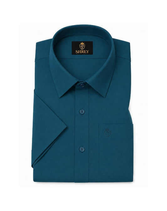 MEN'S PREMIUM COTTON SATIN FORMAL HALF SLEEVE SINGLE POCKET SHIRT - TEAL BLUE