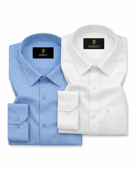 COMBO OF 2 PREMIUM COTTON FORMAL SHIRT, WHITE & SKY BLUE (SINGLE POCKET)