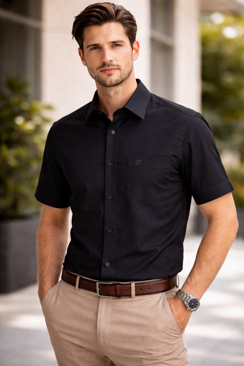 Premium Black Cotton Satin Half Sleeve Formal Shirt | Office & Party Wear